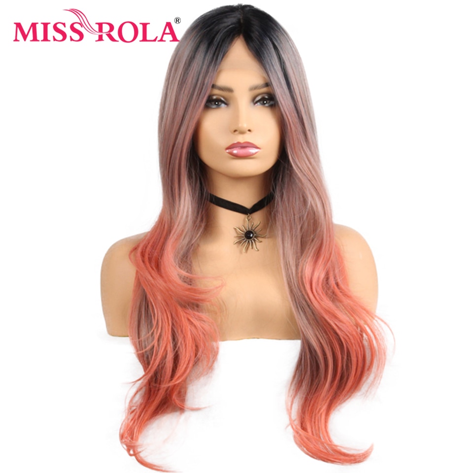 Miss Rola Lang Haar Synthetische Pruik Lace Front Pruik Ombre Kleur Golvend Haar Pruik Voor Zwarte Vrouwen 28 Inch Hoge temperatuur Fiber
