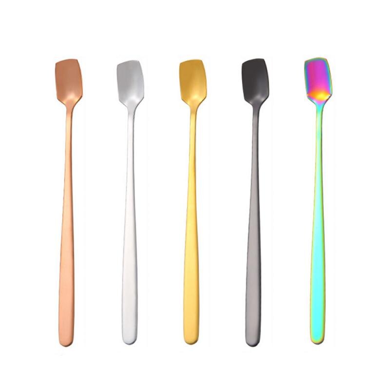 Coffee Spoon Stainless Steel Long Handle Stirring Milk Spoon Gold Handle Square Head Spoon Kitchen Drinking Flatware TXTB1
