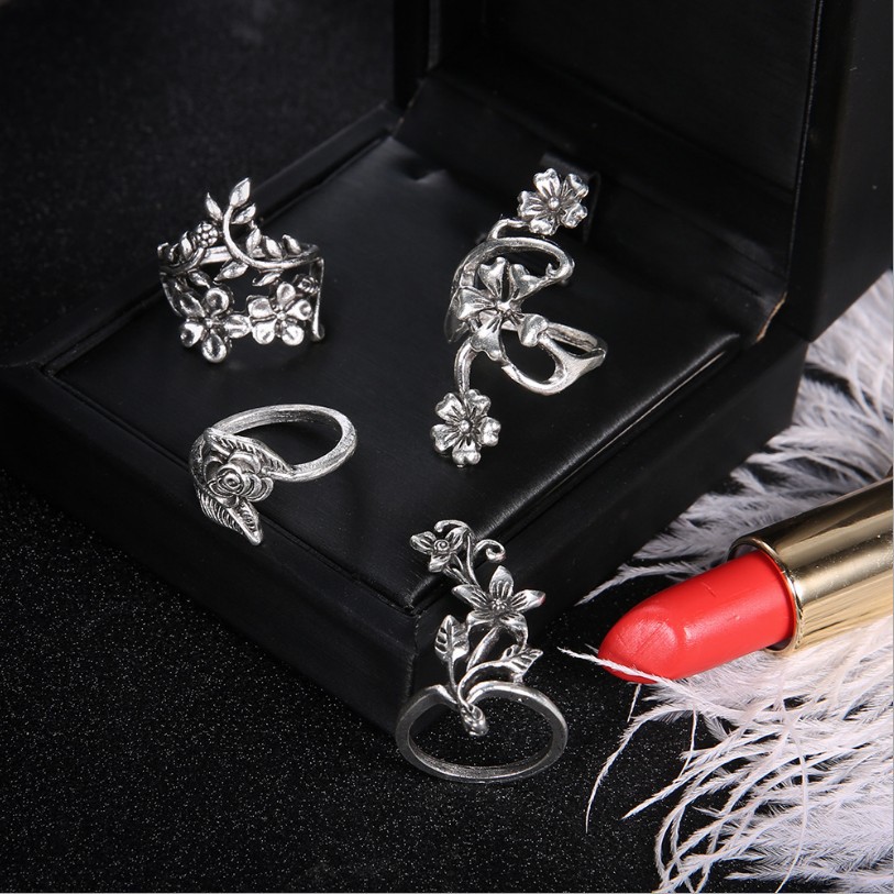 Europe and United States Popular Women Ring Personality Ancient Silver Color Mori Vines Leaves Flower Ring 4 Pieces