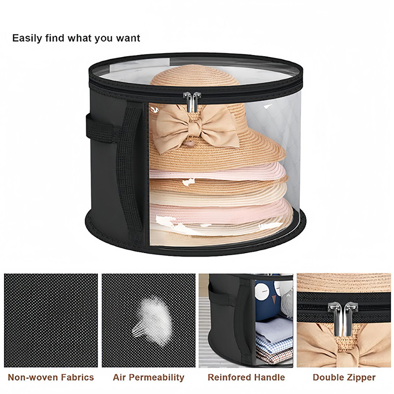 Hat Storage Bucket, Clothing Hat Travel Organizer, Foldable Round Brim Hat Storage Bag with Handle and Clear Window