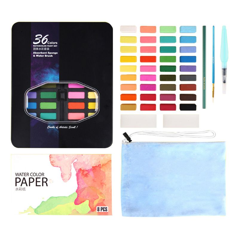 Solide Aquarel Verf Set 36 Kleuren Art Set Met Water Borstel Pen Aquarel Pigment: Black