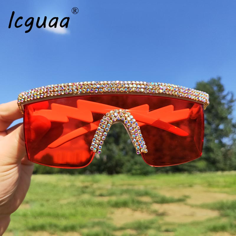 Crystal Luxe Oversized Zonnebril Vrouwen Rhinstone Een Stuk Zonnebril Mannen Dames Shades Oculos De Sol