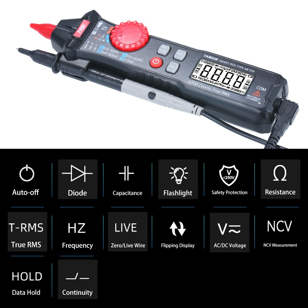 Tasi TA802A/TA802B Handheld 6000 Telt Digitale Multimeter Pen Voor Meten Dc/Ac True Rms Spanning Stroom Capaciteit meter