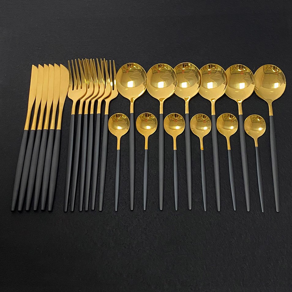 Explosion24Pcs Bunte Geschirr Set Edelstahl Besteck Set Küche Spiegel Gold Geschirr Set Messer Gabel Löffel Geschirr: Black Gold