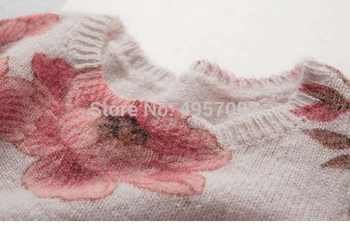 Mohair Jumper Women Pink Flower Chic Round Neck Jumper - Ladies O Neck Leonard Multicoloured Jacquard Sweet Sweater Pullover Top