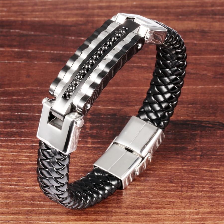 Xqni svart skinn armbånd herre sjarm armbånd rustfritt stål menn smykker rock chunky skinn herre armbånd