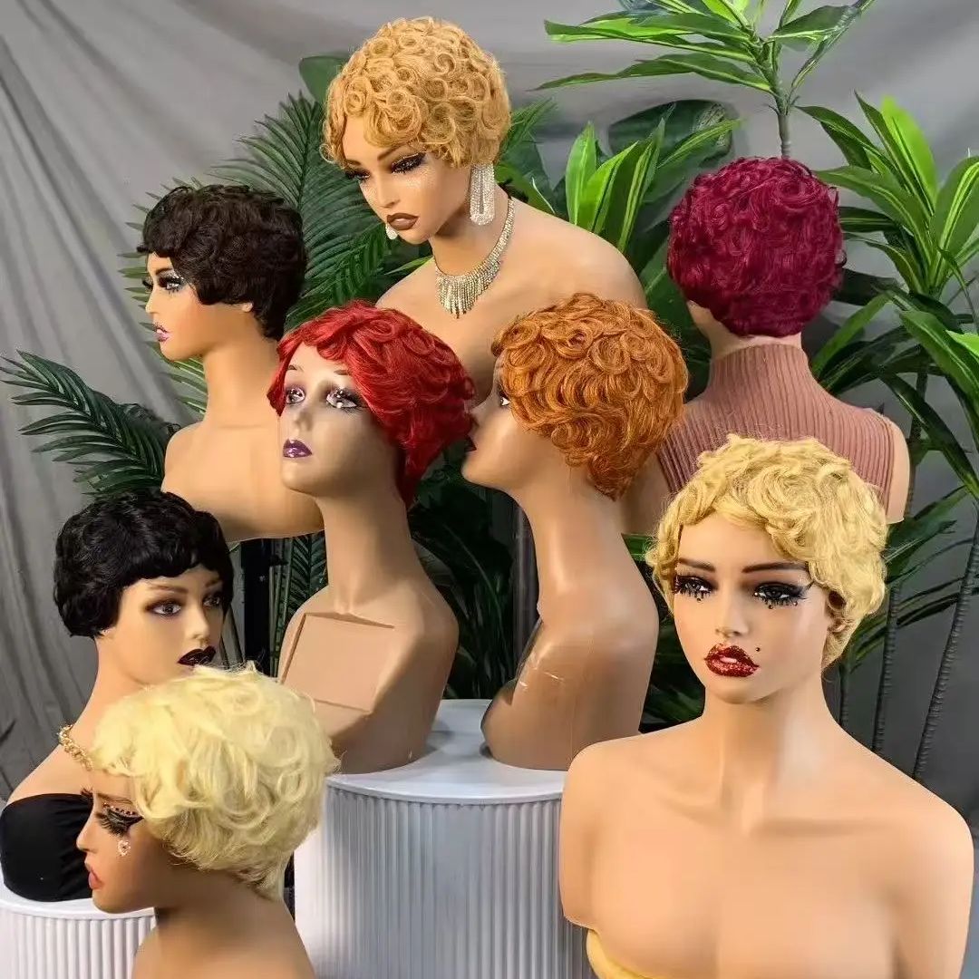 Malaika 4 # 27 # Pixie Cut Bob corto onda suelta cabello humano Chioma pelucas hechas a máquina pelucas rizadas onduladas Bob cabello Remy para mujeres