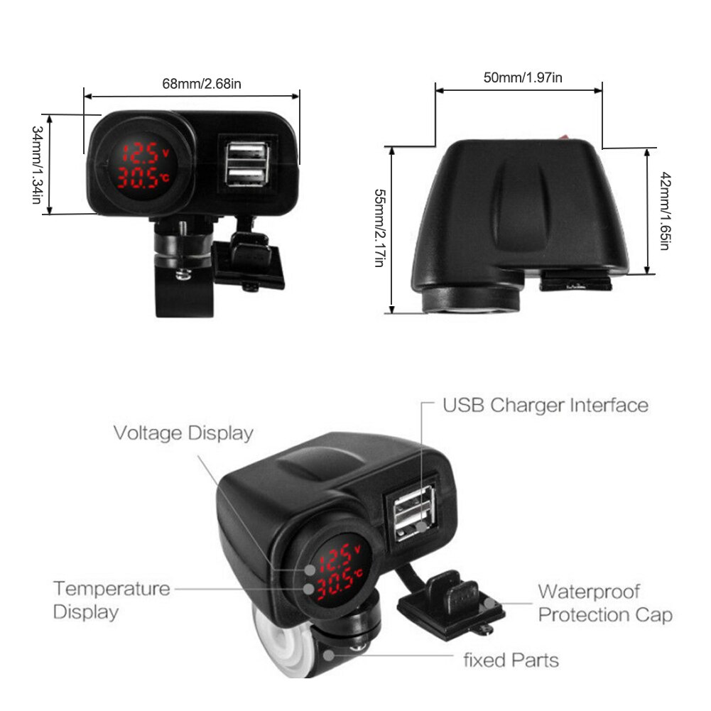 Rode Led 12 V Motorcycle Usb Lader 2.1A + 2.1A W/Digitale Voltmeter + Thermometer 12 V/24 vpower Supply Sockets/Outlets