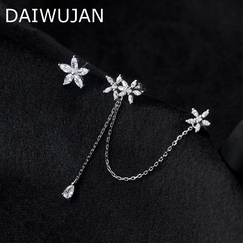 DAIWUJAN 100% 925 Sterling Silver Asymmetrical Zircon Flower Ear Clip Earrings Without Pierced Crystal Cuff Earrings For Women