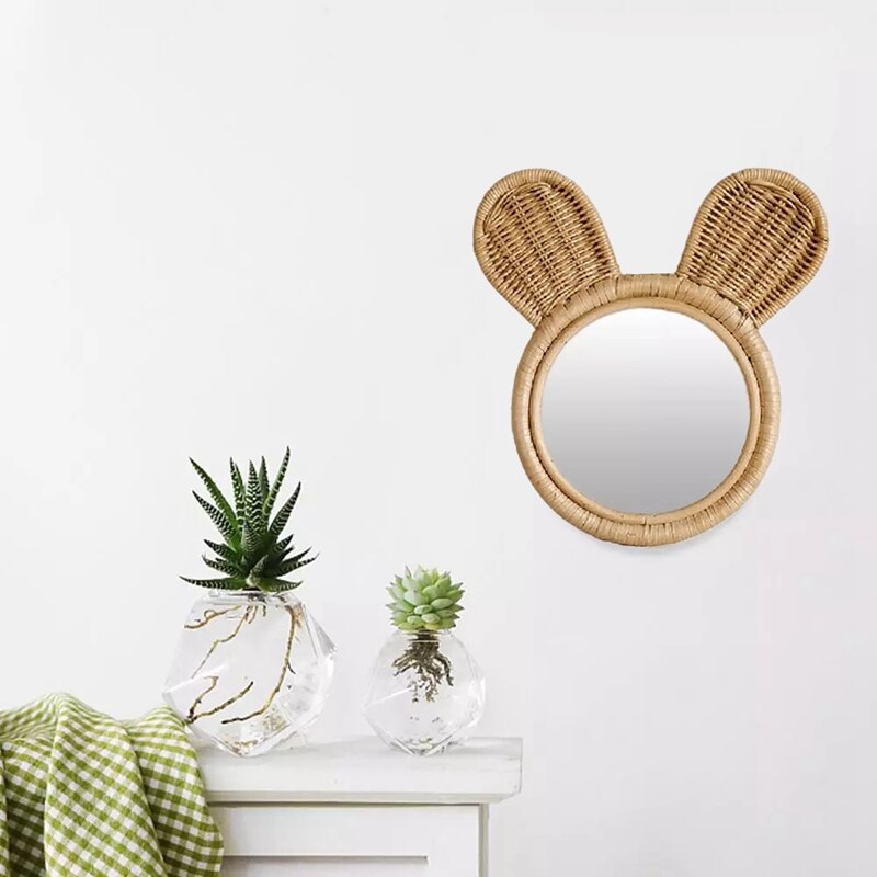 Wall-Mounted Mirror Handmade Natural Rattan Makeup Mirror Cute Monkey Shape Mirror Home Bathroom Decoration