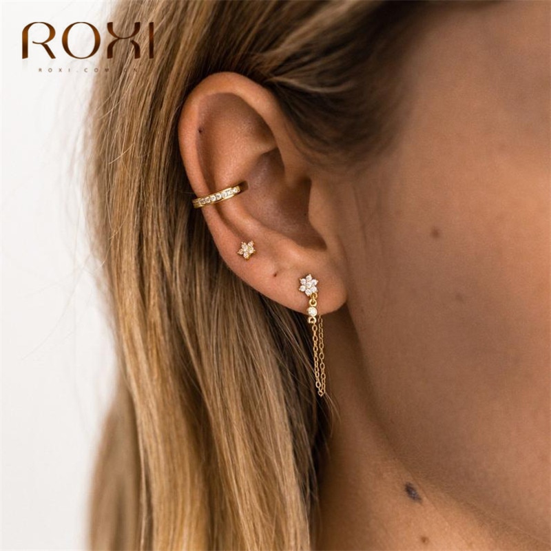 ROXI Einfache Strass Schneeflocke Hängenden Tropfen Ohrringe Koreanische Metall Kette Baumeln Ohrringe für Frauen 925 Sterling Silber Schmuck