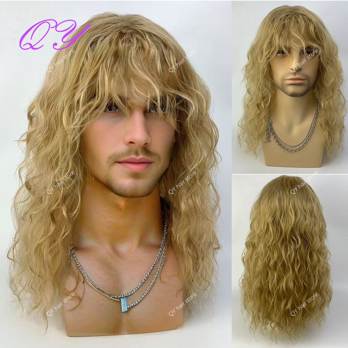 Peluca sintética para hombre, peluca larga marrón Natural rizada Rock Man con flequillo para o Cosplay, peluca de pelo masculino con ondas de agua ajustables: #27
