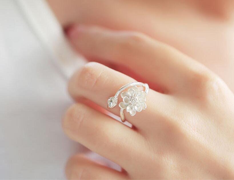 Silver Color Handmade Lotus Flower Rings Finger Jewelry For Women Retro Jewelry anel S-R51
