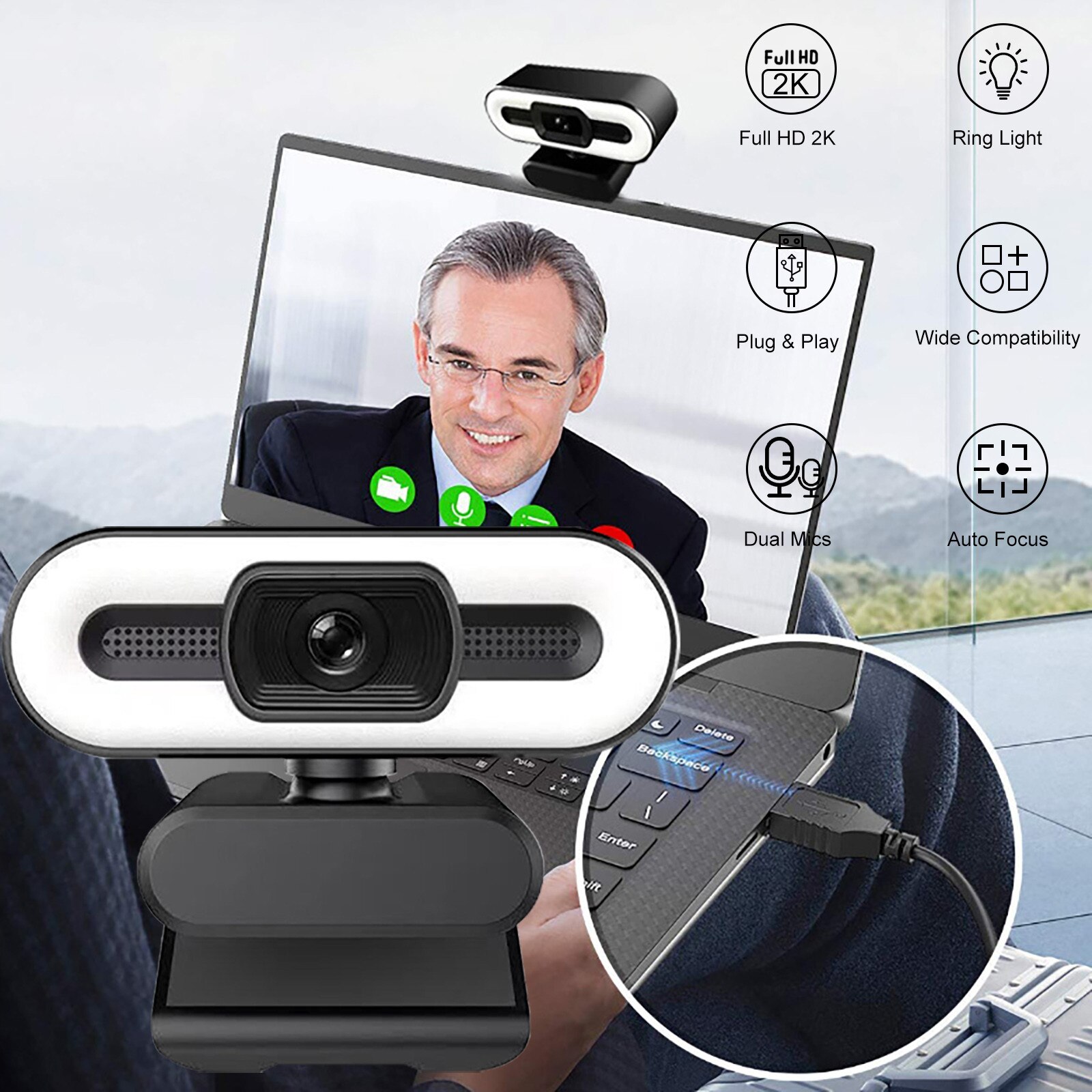 USB-centrumwebcam, 4K 15 Fps 8 MP Autofocus Middenscherm Oogcontact-webcam Ingebouwde Microfoon, Compacte Drivervrije Onbelemmerde Mini-monitorcamera voor Pc-laptop USB-centrumwebcam, 4K 15 Fps 8 MP Autofocus Middenscherm Oogcontact-webcam Ingebouwde Microfoon, Compacte Drivervrije Onbelemmerde Mini-monitorcamera voor Pc-laptop