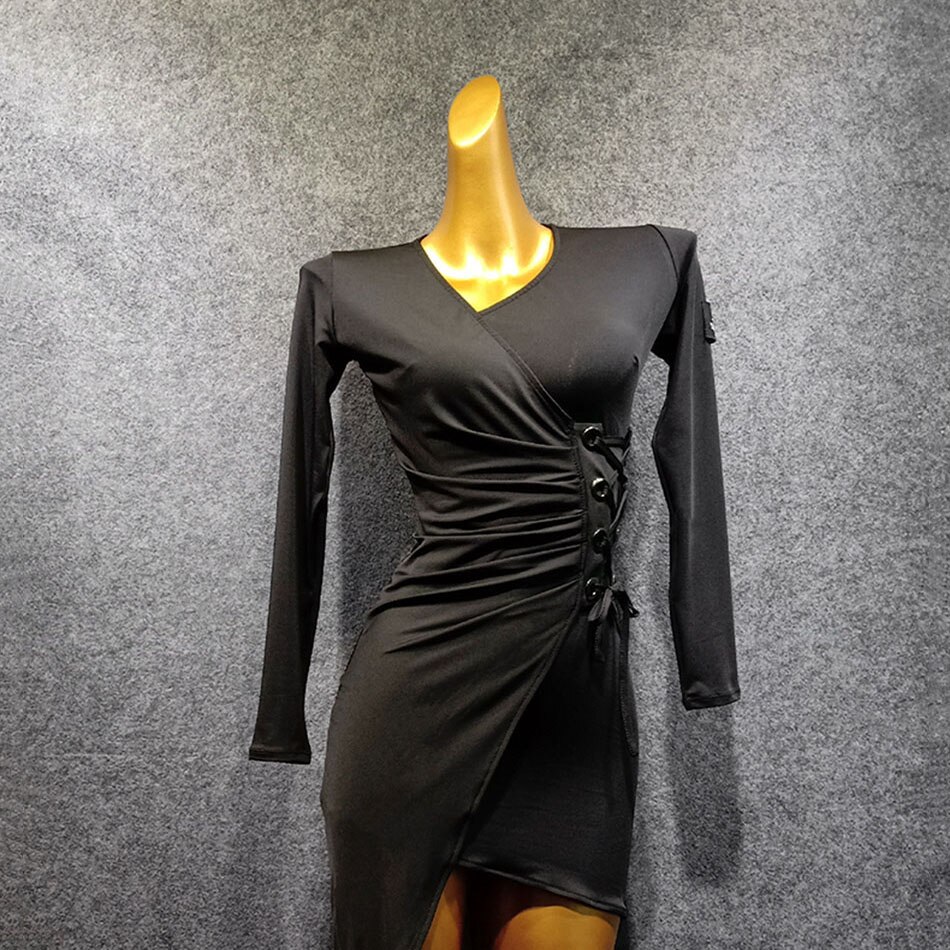 Women Latin Dance Dress Long Sleeve Striped Waist Dancing Practise Cloth Samba Tango Chacha Dancing Performamnce LW422: 001 / XL