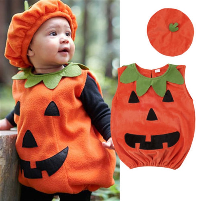 2 stuks halloween-kostuums peuter babyjongens meisjes romper pompoen mouwloos jumpsuit hoed outfit babykleding 0-3 jaar