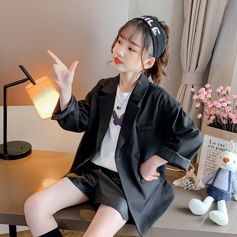 4-14 años chaqueta para niños y niñas blazer negro, otoño de los niños prendas de vestir ropa para 12 años chica adolescente traje de la ropa de los niños