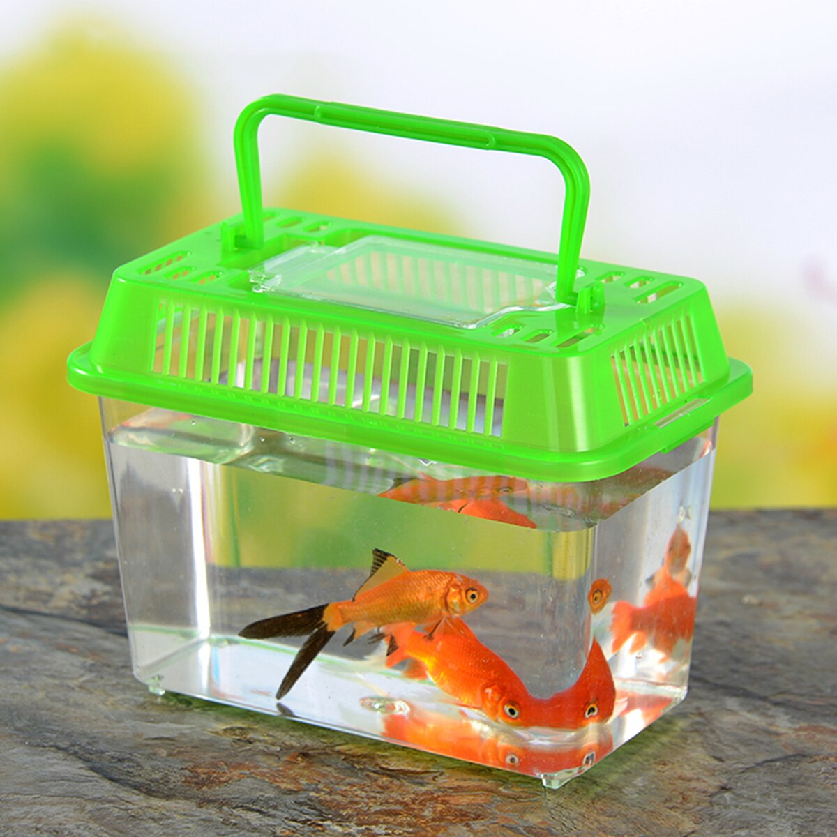 Mini Fish Tank Plastic Handheld Fish Tank for Turtle and Pet Fish (Red - Lid for Random)