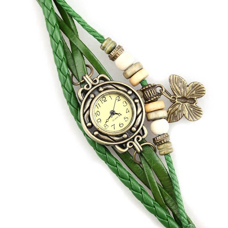 Kvinder retro armbånd armbåndsur weave wrap imiteret læder butterfly perler vedhæng kæde eig 88