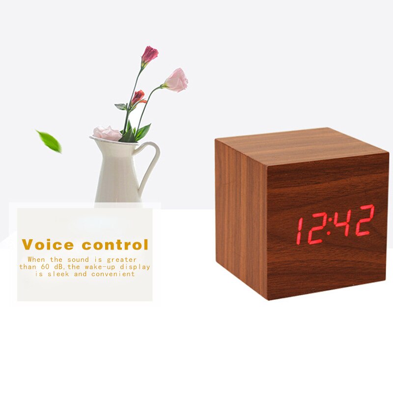 Square Desktop Table Digital Thermometer Clock Cube LED Wood Alarm Clock Sound Control
