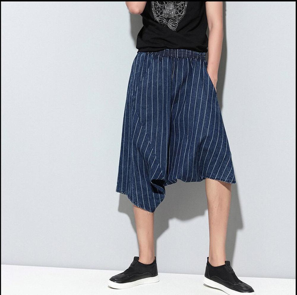 Korean Striped Culottes Cross-pants Casual Pants Men Tide Calf Length Hanging Crotch Harem Pants Hairstylist Singer Costumes: Blue