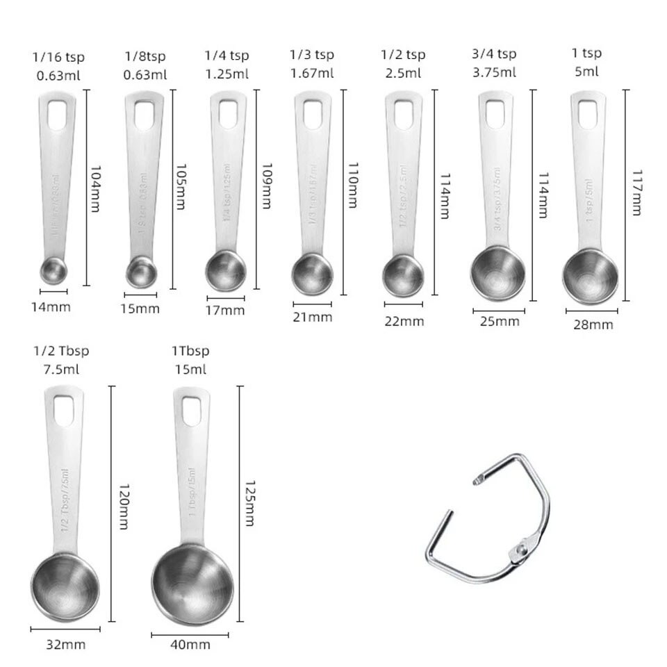 Cucharas de medición de acero inoxidable para líquidos secos, herramientas para 304, 1/16, 1/8, 1/4, 1/3, 1/2, 1, 3/4, bsp, se adapta a tarros de especias, 9 Uds., 11 Uds.: A