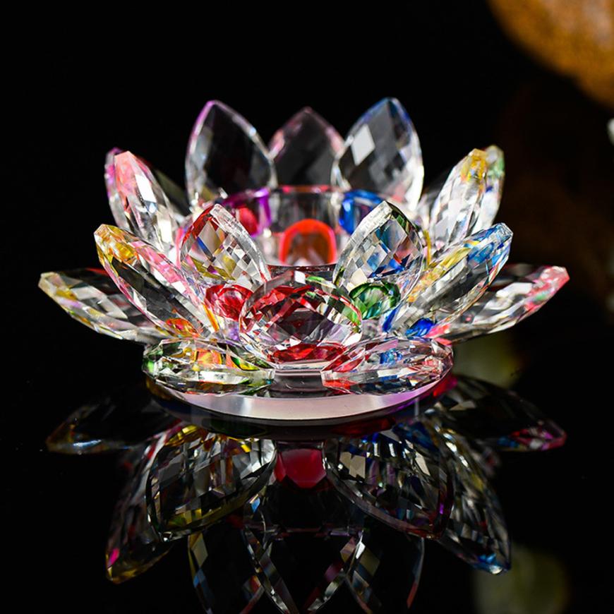 7 Kleuren Crystal Glas Lotus Bloem Kaars Thee Licht Houder Boeddhistische Kandelaar May25
