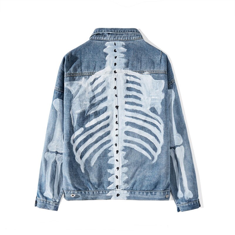 GONTHWID Graffiti esqueleto huesos imprimir chaqueta de mezclilla Streetwear hombres Hip Hop Punk Rock Jean abrigos Casual chaquetas: Blue / XL