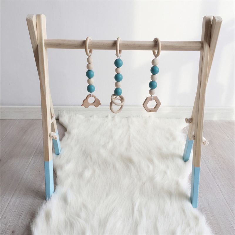 Nordic Stijl Baby Gym Spelen Kwekerij Zintuiglijke Ring-Pull Speelgoed Houten Frame Baby L9CD: Blauw