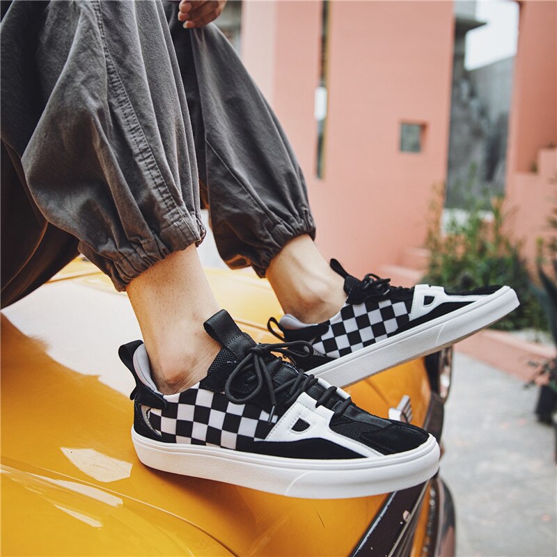 Heren schaakbord canvas schoenen, heren zwart-witte skateboardschoenen, heren casual schoenen, maat 39-44