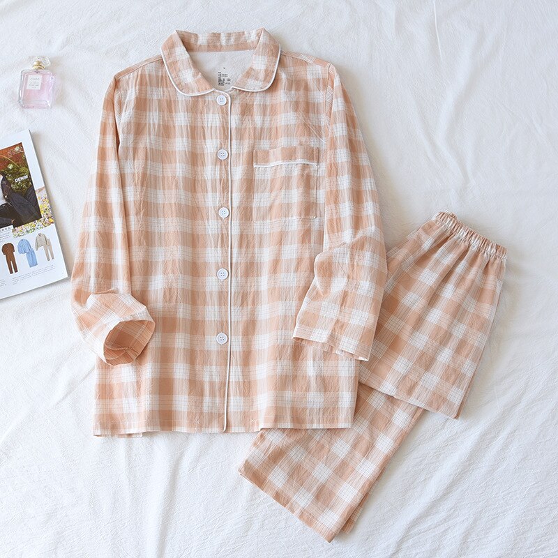 Conjunto de 2 unids/set de pijamas para hombre y mujer, pantalones y Tops finos de manga larga, traje de Pijama largo a cuadros, ropa de dormir para pareja, primavera, verano y otoño