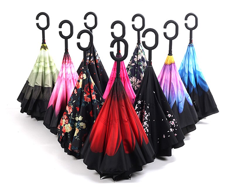 Reverse Umbrellas Folding Double Layer Inverted C Hand Holder Stand Sun Rain Windproof Rolling Over Umbrella For Women