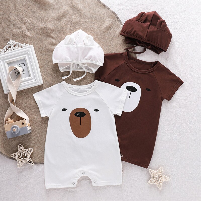 0-18M Pasgeboren Baby Jongen Rompertjes Korte Mouwen Cartoon Beer Print Romper Met Capuchon Cap Peuter Jongens Jumpsuits set