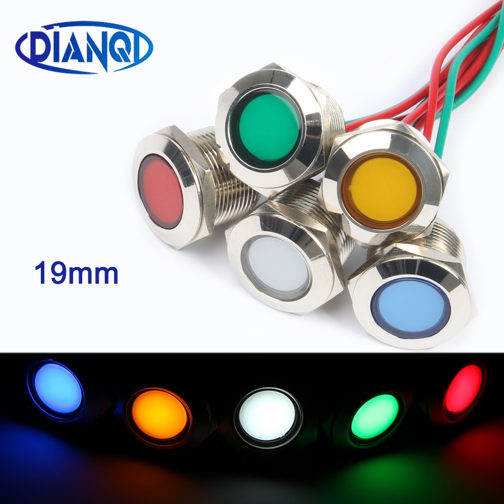 19mm Waterproof Metal Flat Round Indicat Signal lamp LIGHT with wire red yellow blue green 3-6V 12-24V 110-220V