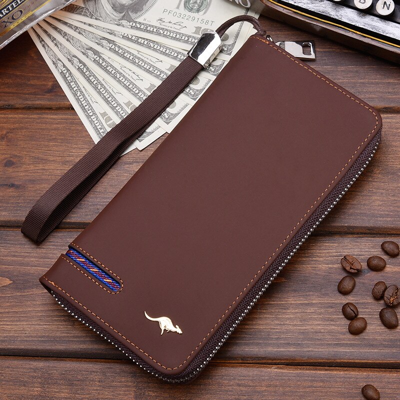 Men&#39;s Leather Wallet Zipper Long Purse Big Capacity Clutch Phone Bag Wrist Strap Coin Purse Card Holder For Male