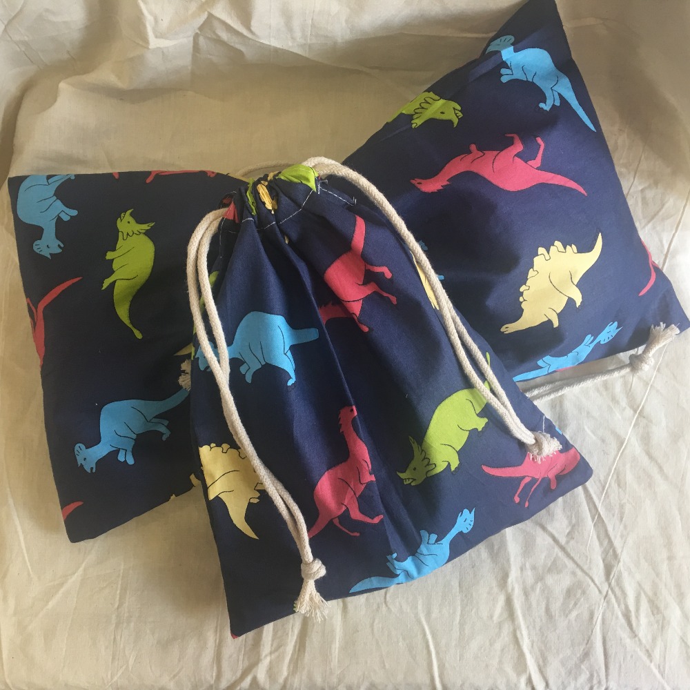 Sac de de fête en coton avec cordon de serrage Eco imprimé dinosaure bleu marine YL311b