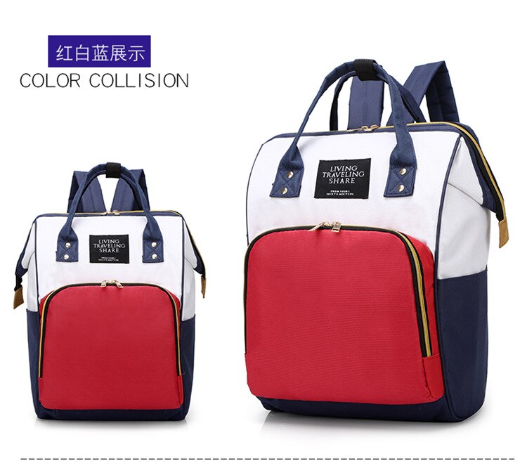 Stil store pusletaske i koreansk stil damerygsæk baby rejsetøj opbevaringstaske gravide kvinder rygsæk: Rød hvid og blå