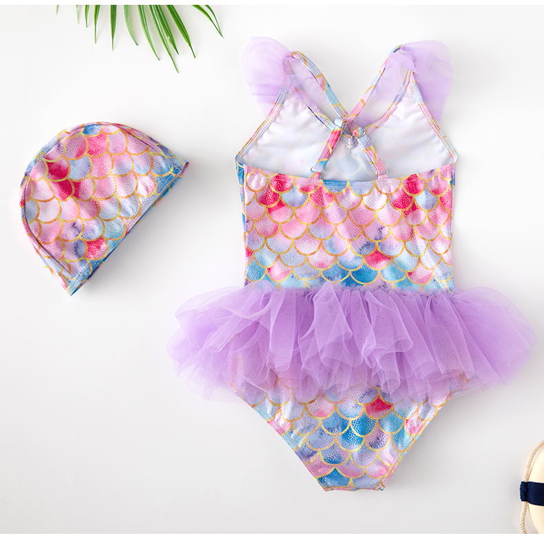 Maillot de bain à paillettes imprimé écailles de poisson pour enfants, ensemble une pièce pour filles