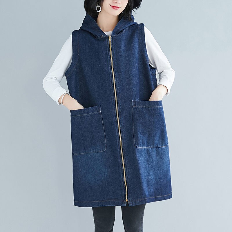 Chaleco vaquero largo sin mangas para mujer, chaqueta vaquera con capucha, Tops de talla grande coreana, r126, Otoño,