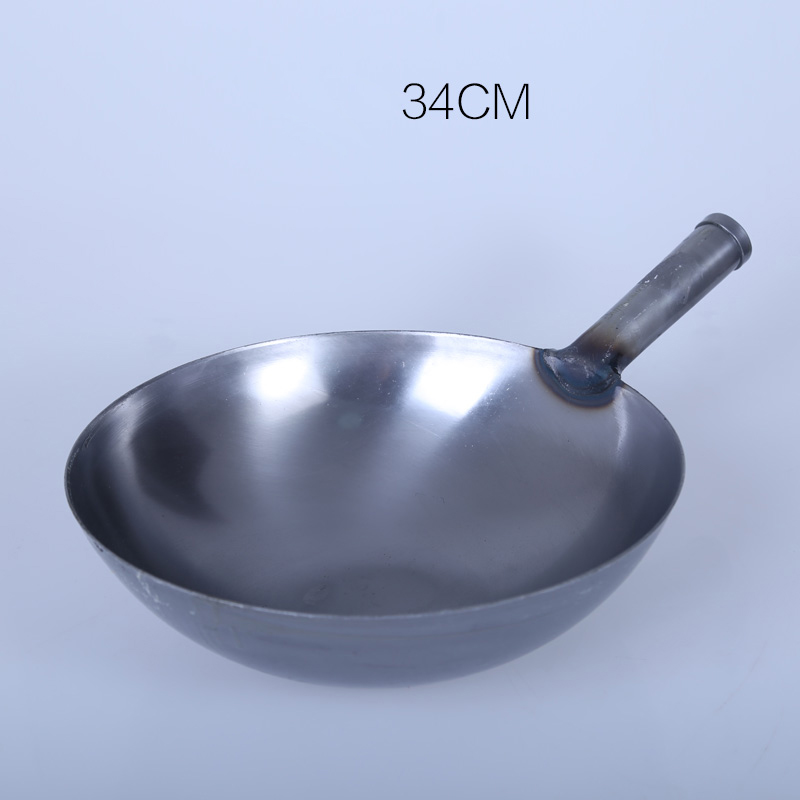 Traditional Handmade 100% Iron Wok Thickening Non Coated Round Bottom Pan Wok Cook Large Cooking Pot Wood Handle Lid: Iron 34cm