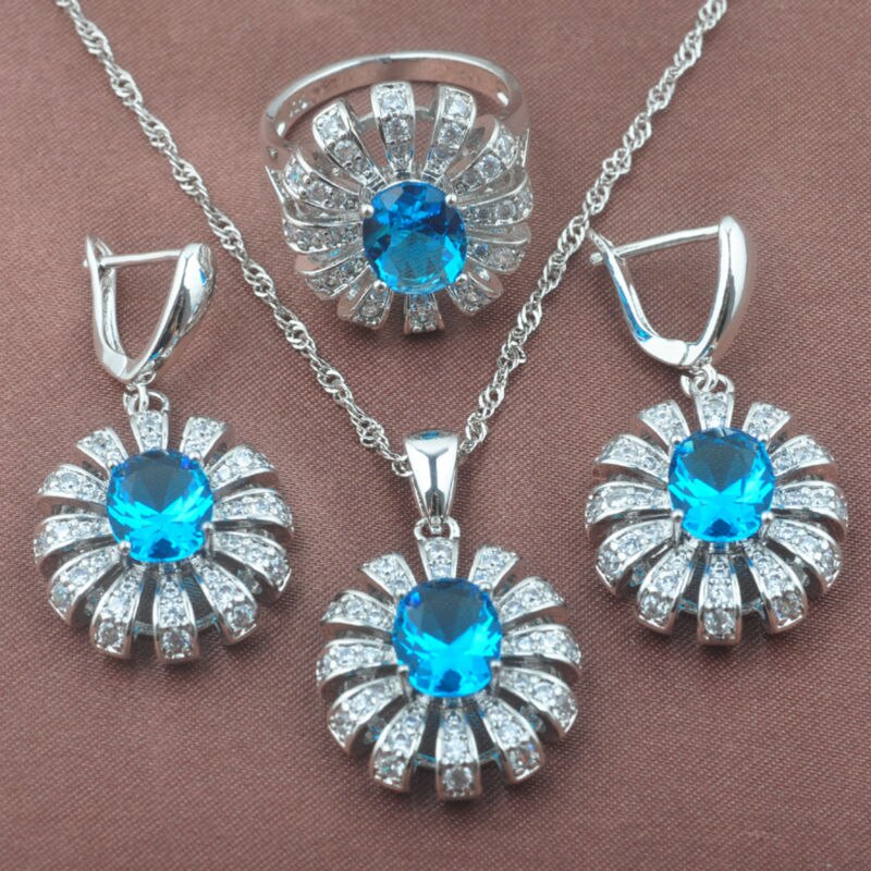 Hemelsblauwe zirkoon zilverkleurige sieraden sets dames snuisterijen trouwsieraden ring ketting en oorbellen set  tz0471