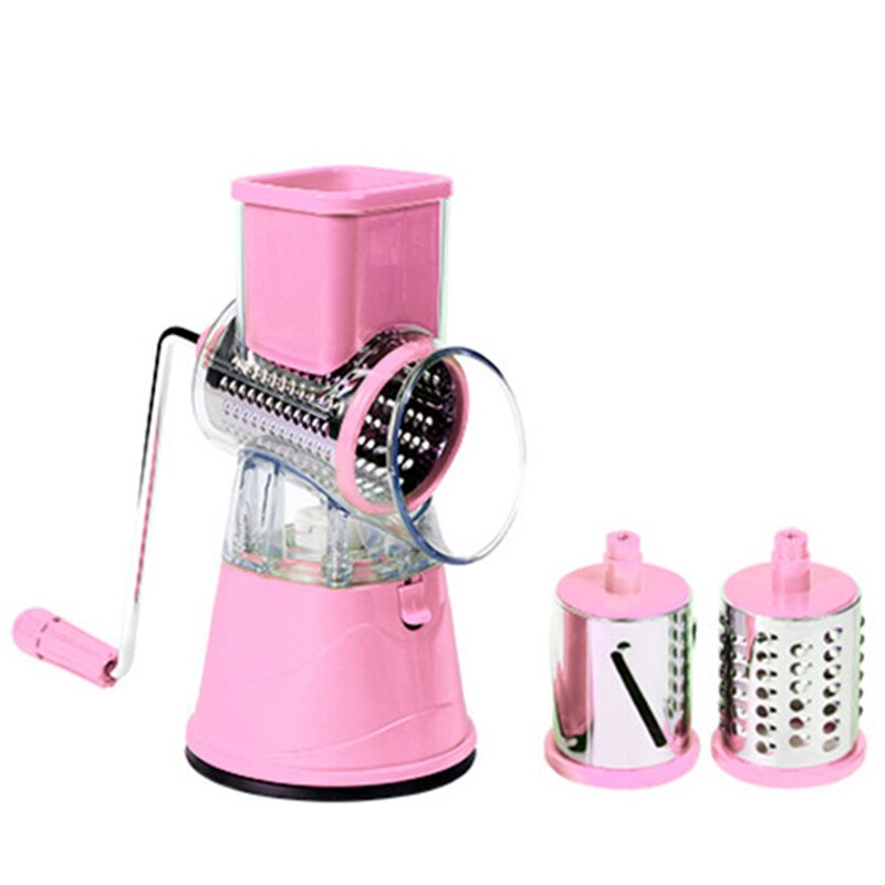 Rotary Cheese Grater Handheld Vegetable Mandoline Slicer Shredder with 3 Drum Blades Kitchen Tool SNO88: pink