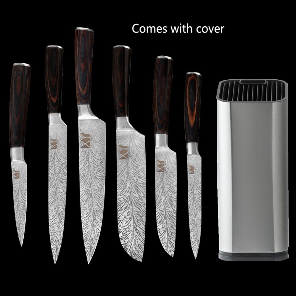 XYj Stainless Steel Kitchen Knives Set 8'' INCH Knife Storage Box Holder Damascus Pattern Veins Blade Full Tang Blade Accessory