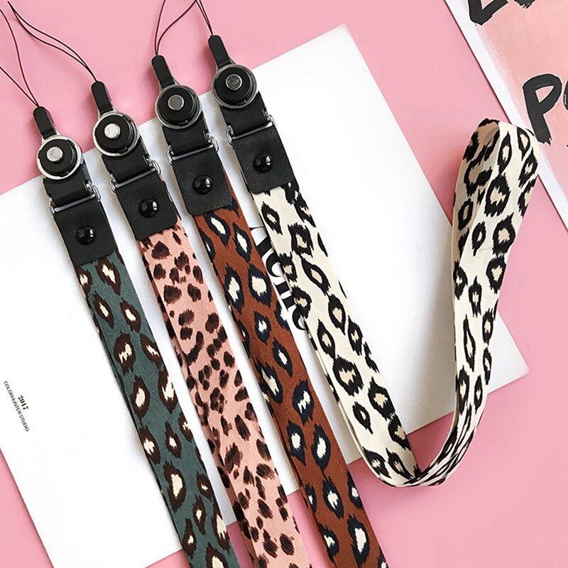 Soporte para teléfono con estampado de leopardo, cordón para llave, soporte para tarjeta de identificación, correas de cuello de Teléfono Animal con llavero