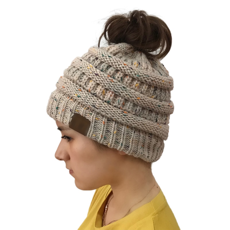 Doitbest Winter Female Ball Cap Top Hole Hat For Women Girls Hat Knitted Beanies Cap Hat Thick Womens lady Skullies knit Beanies
