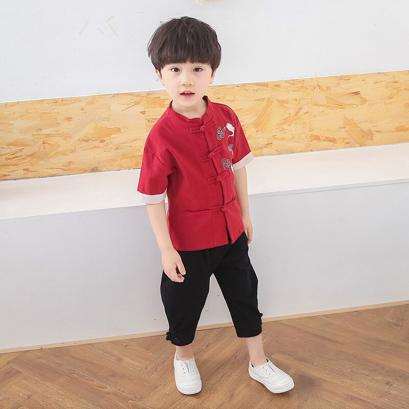 Chinese style boy cotton and linen suit summer short-sleeved children's clothing retro Tang suit school uniform Hanfu: red / 90