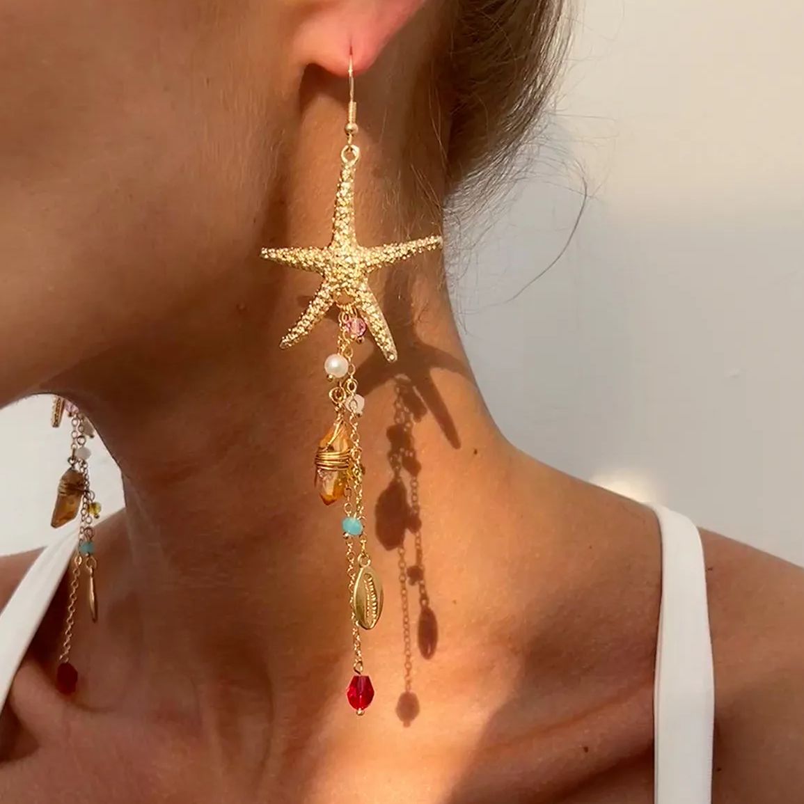 Ingemark Boho Starfish Jellyfish Imitation Pearls Crystal Long Tassels Earrings Women Trendy Piercing Earrings Y2K Jewelry