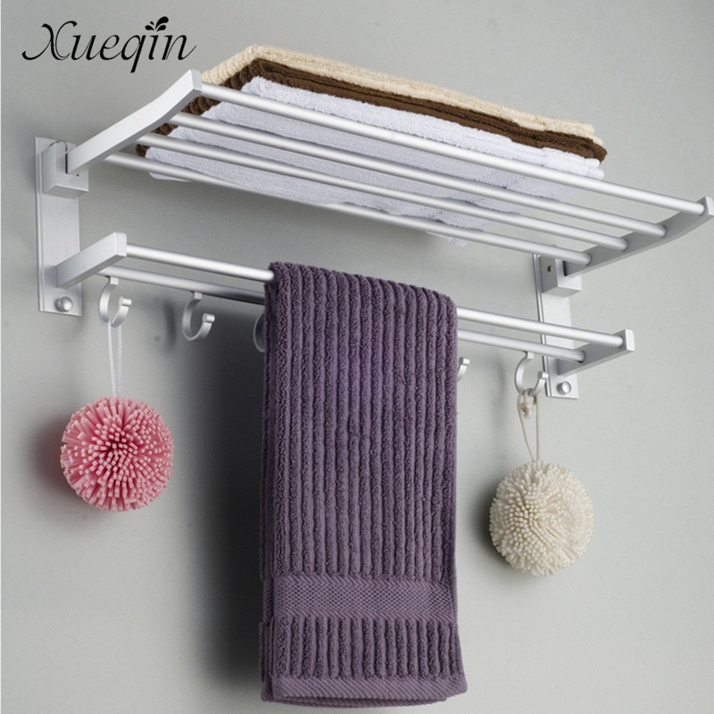 2 Layer Alumimum Opvouwbare Badkamer Handdoek Rack Holder Wandmontage Opslag Hanger Keuken Hotel Handdoek Kleren Plank Met 5 Haken