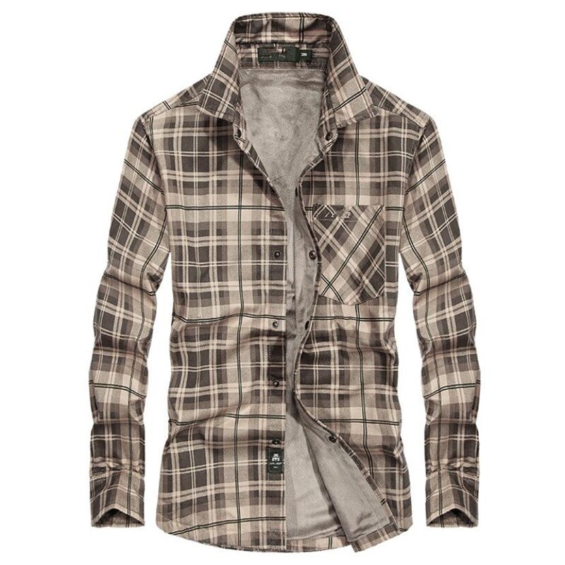 Märke casual fleeceskjortor män vinter flanell tjocka varma rutiga skjortor bomull långärmade affärsskjortor chemise homme: Khaki fleece / M