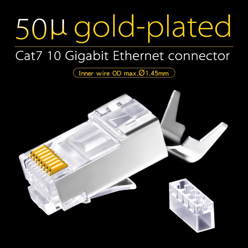 CNCOB Cat7 10 Gb, twee Stuk Ethernet Netwerk Kabel Connector 50u Vergulde Modulaire Plug RJ45 Netwerk Staart Klem Kristal